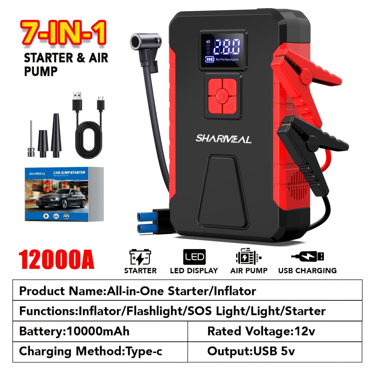 13000A-10000A Jump Starter& Peak 12V Portable Car Jump Starter, Car Battery Charger, Car Jump Starter with Air Compressor, Jump Starter Para, Car Accessories Tools, LED Light, Battery Charger, Cart Battery Charger, Tir