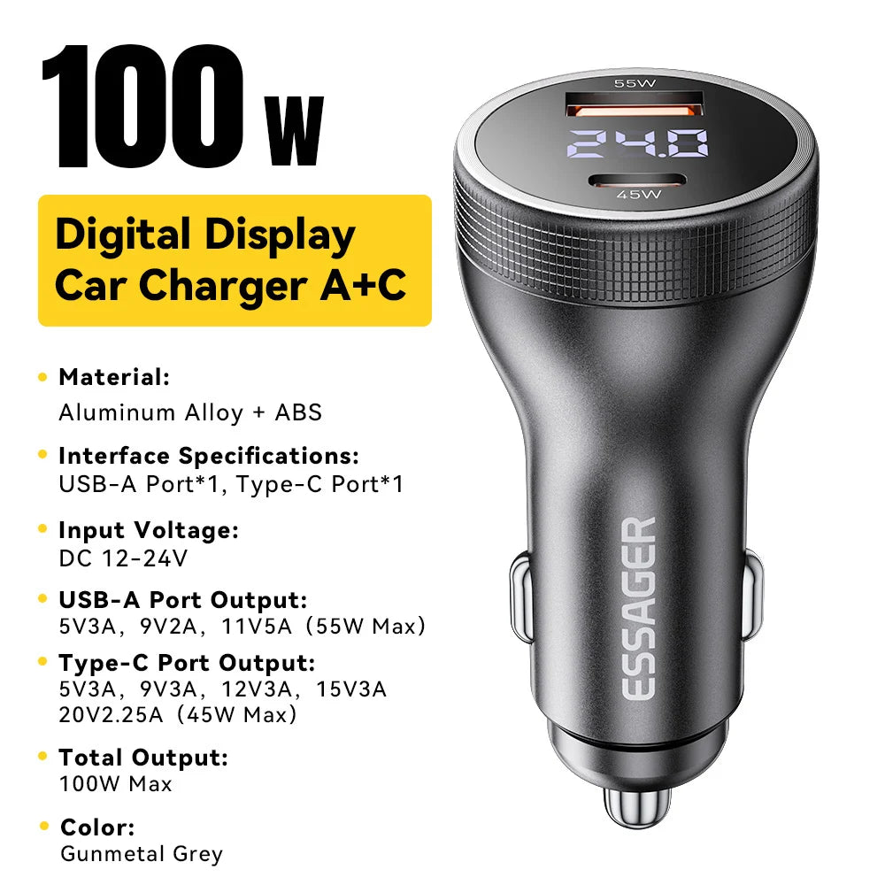 Essager 100W Car Charger USB C Quick Charge PD 45W for iPhone 15 pro 14  Xiaomi Poco Samsung Galaxy S24 Fast Charger Charging