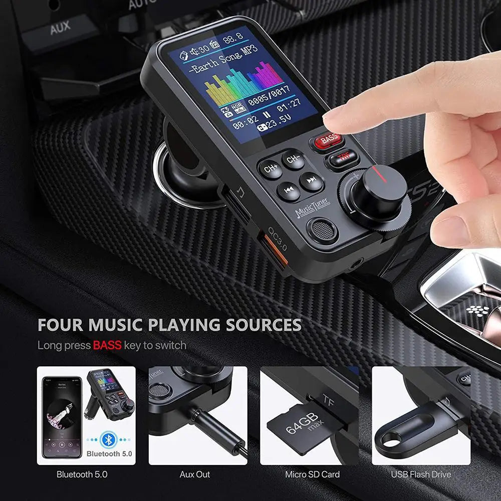 Bluetooth-compatible Car Wireless FM Transmitter Radio Adapter Fast Charging Treble Bass Sound Music Car MP3 Player  Aux QC3.0
