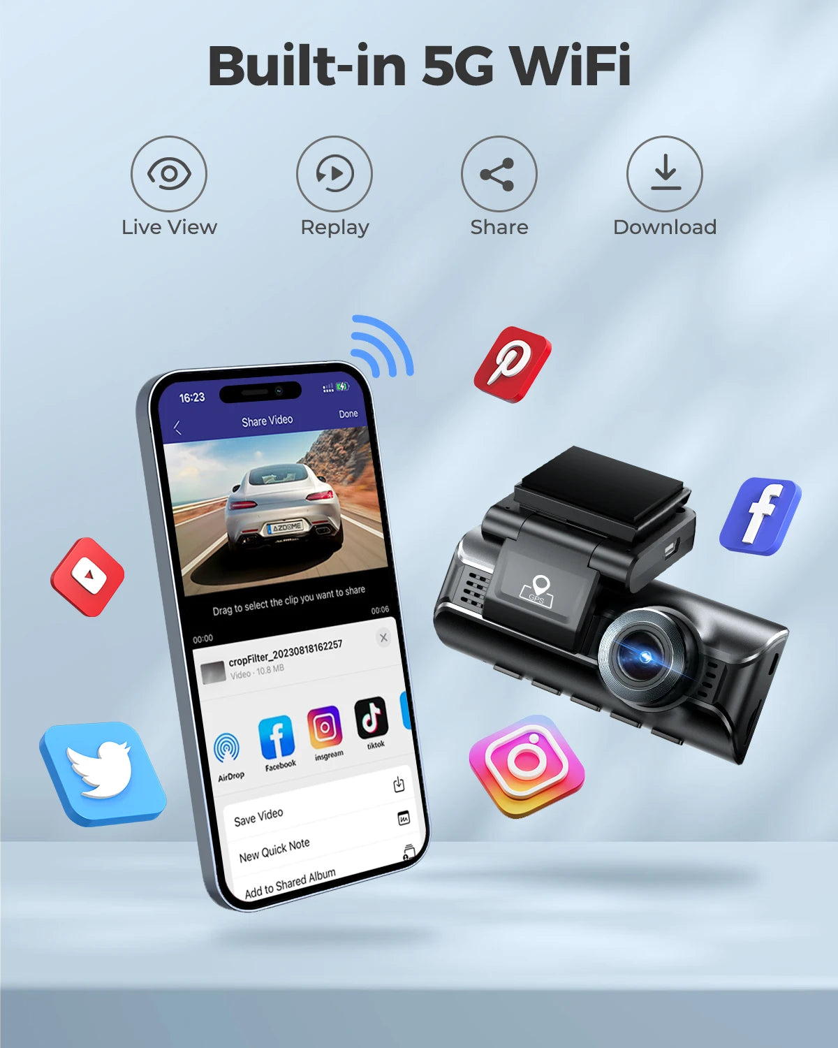 AZDOME M550 Pro 5.8Ghz WiFi 2/3 Channel Dash Cam 4K+1080P Built-in GPS 3.19" IPS Screen Car DVR IR Night Vision 24H Parking Mode