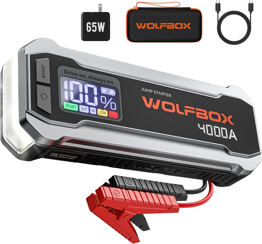 4000A Jump Starter with 65W Quick Charger, LED Display, Portable Battery for Cars and Trucks