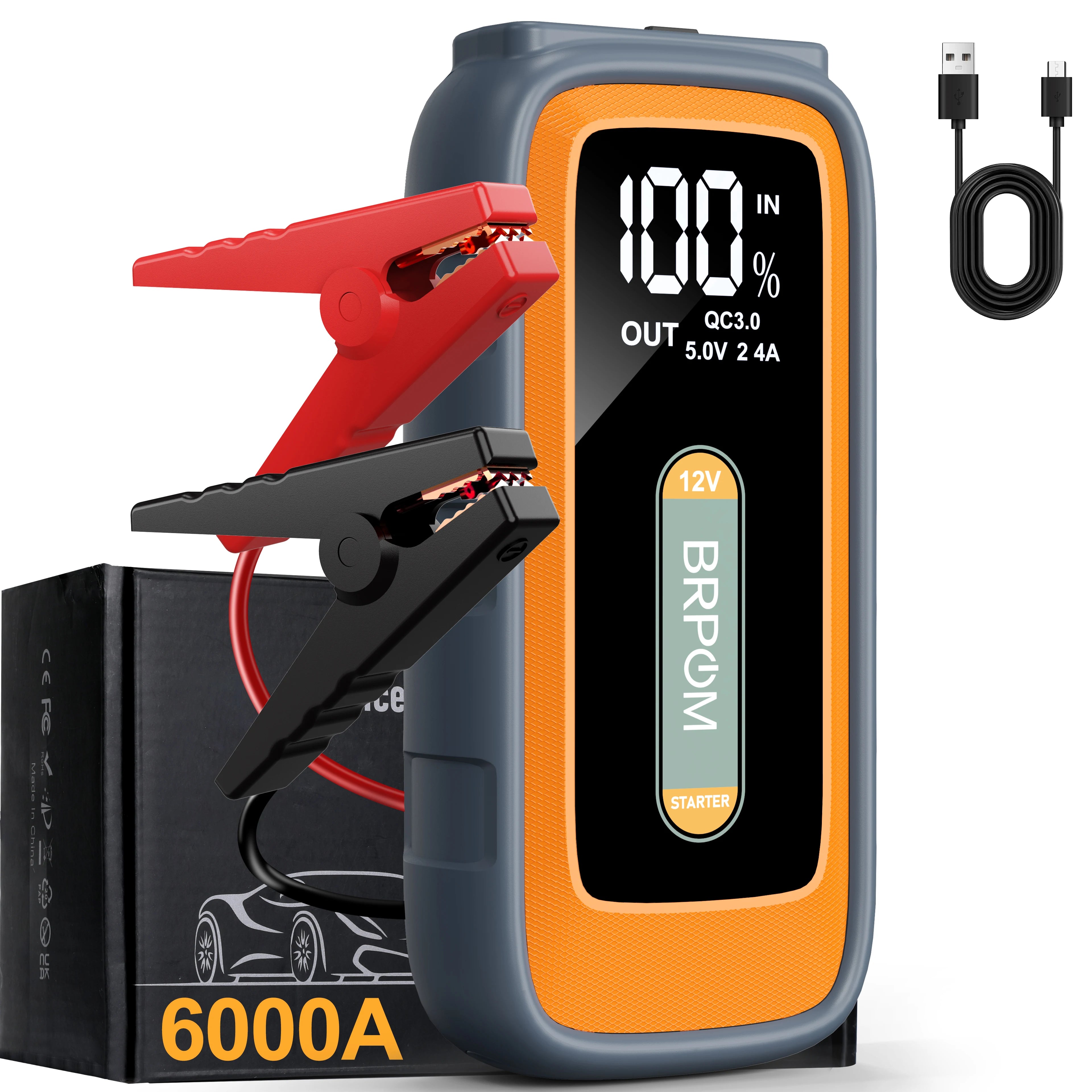 BRPOM Car Jump Starter 6000A Peak 12V 26800mAh Automatic Portable Car Jump Starter Battery Pack with Smart Cable and LED Light