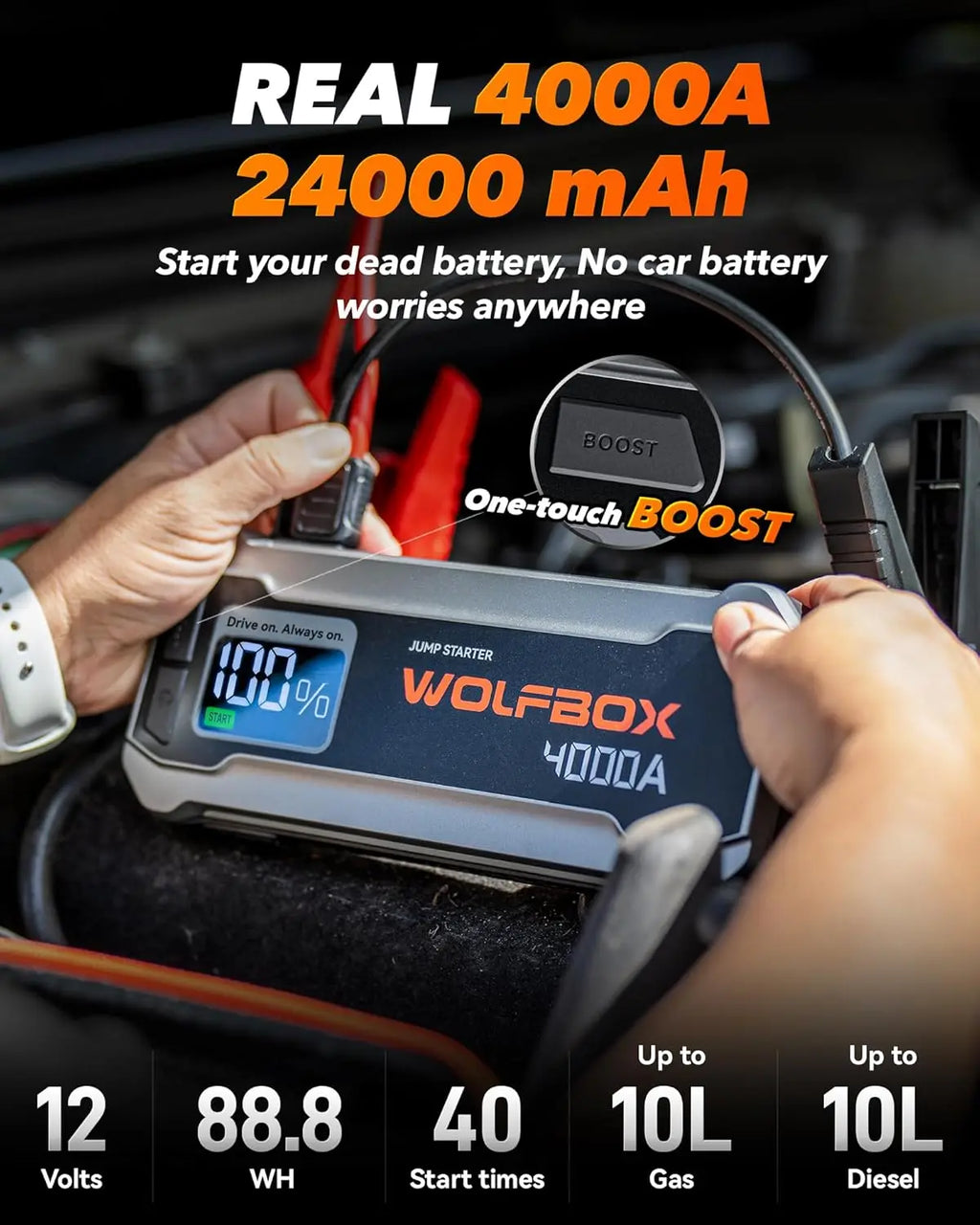 4000A Jump Starter with 65W Quick Charger, LED Display, Portable Battery for Cars and Trucks
