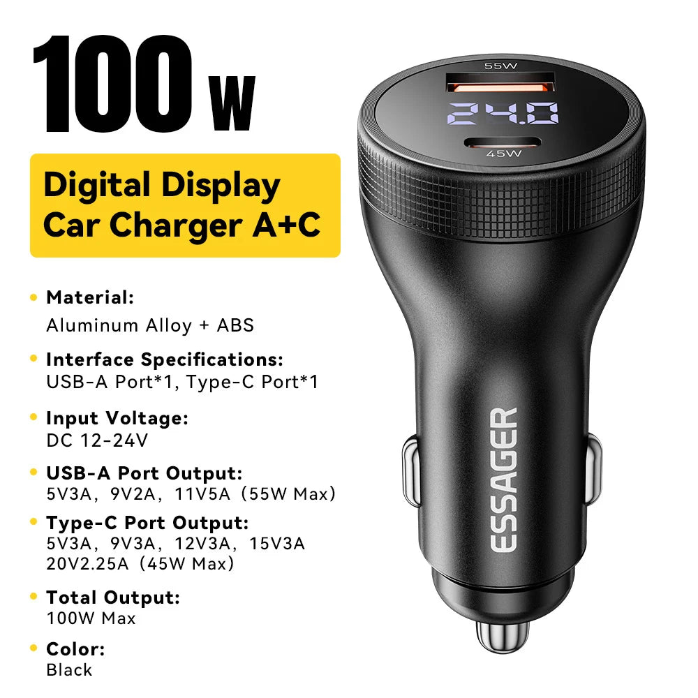 Essager 100W Car Charger USB C Quick Charge PD 45W for iPhone 15 pro 14  Xiaomi Poco Samsung Galaxy S24 Fast Charger Charging
