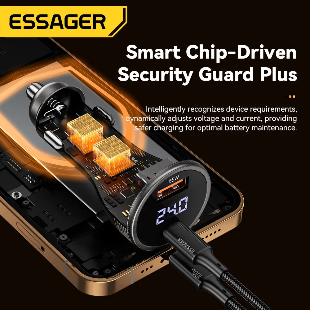 Essager 100W Car Charger USB C Quick Charge PD 45W for iPhone 15 pro 14  Xiaomi Poco Samsung Galaxy S24 Fast Charger Charging