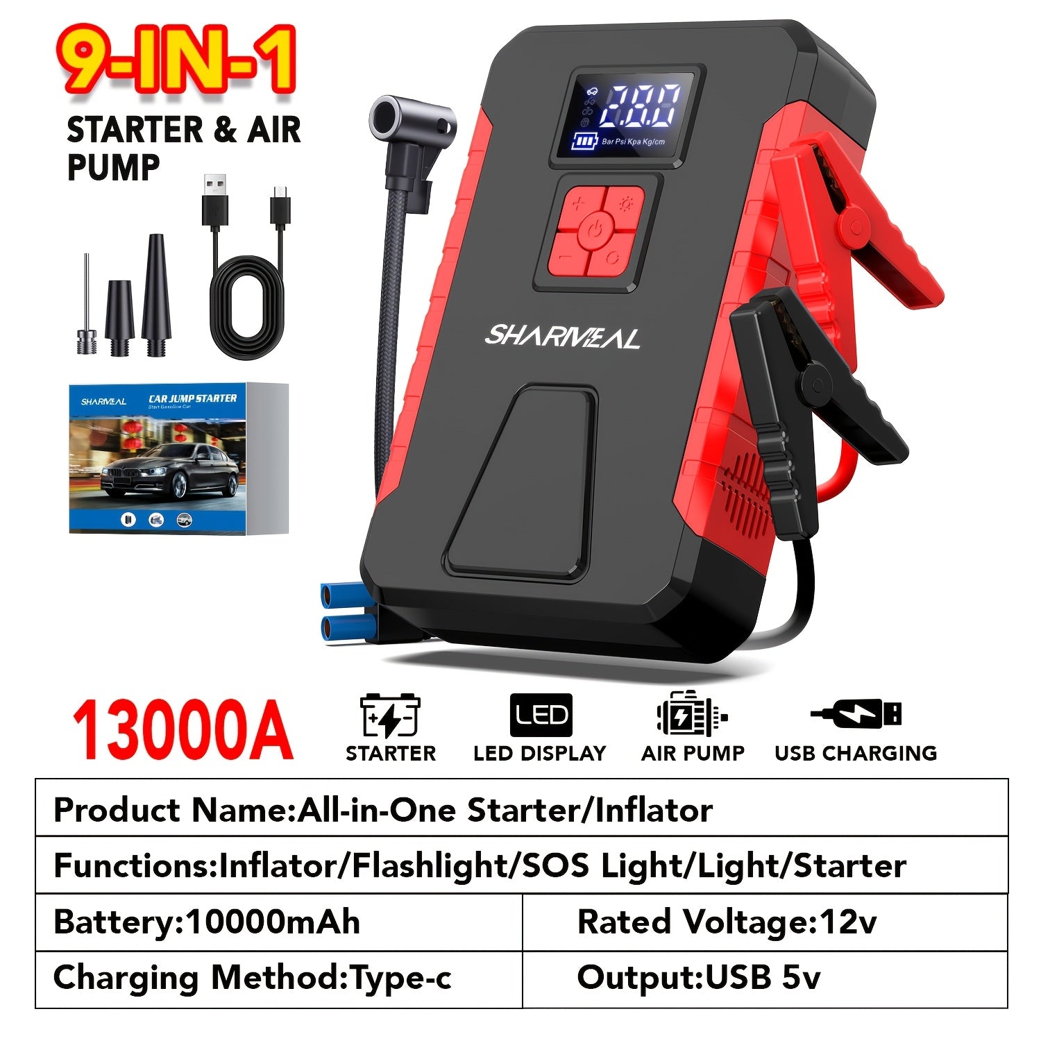 13000A-10000A Jump Starter& Peak 12V Portable Car Jump Starter, Car Battery Charger, Car Jump Starter with Air Compressor, Jump Starter Para, Car Accessories Tools, LED Light, Battery Charger, Cart Battery Charger, Tir